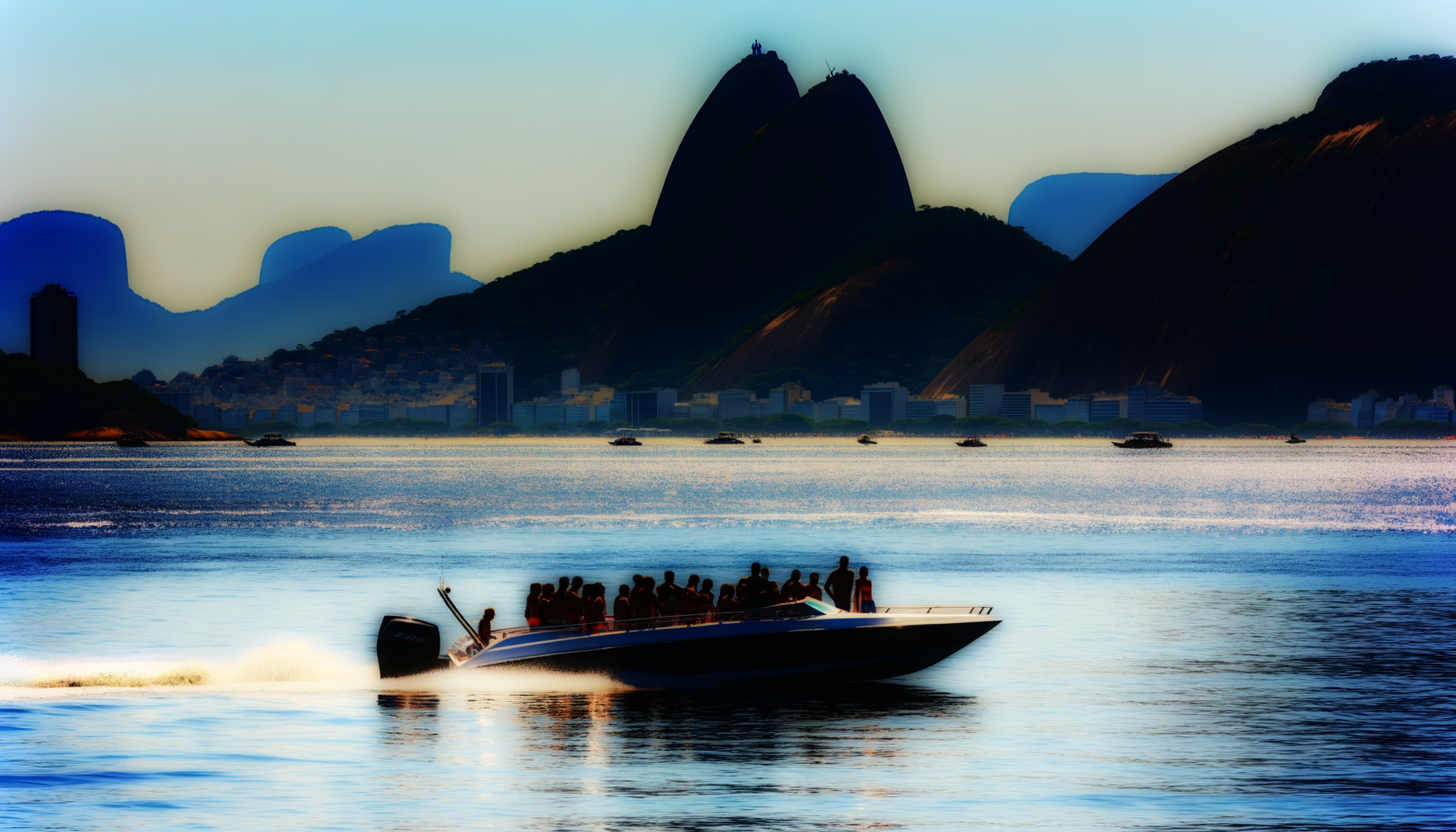 Grupo de turistas em uma lancha na Guanabara com o Pão de Açúcar ao fundo durante o pôr do sol