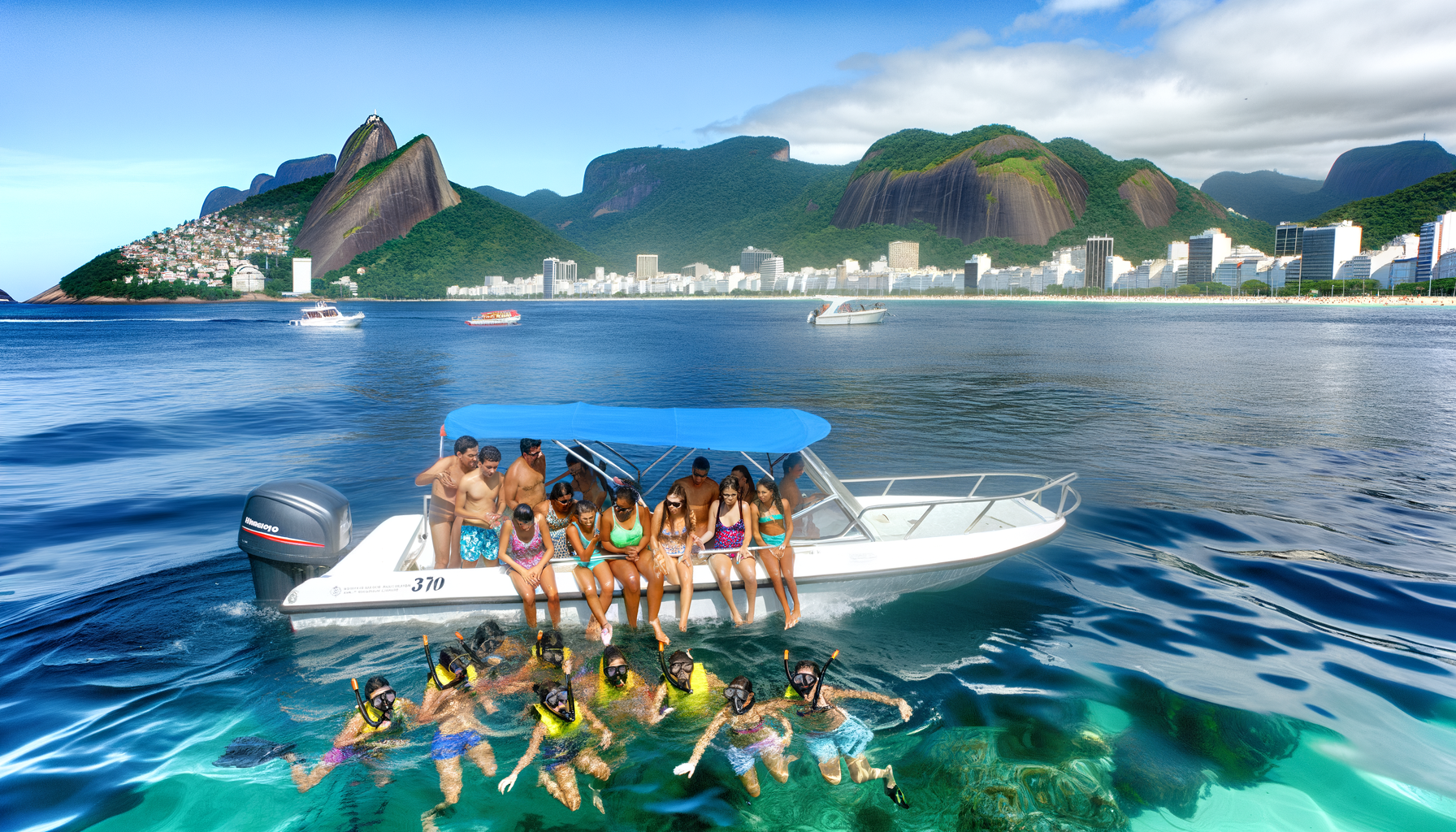 Mergulho livre nas Ilhas Cagarras, Rio de Janeiro, turistas praticando snorkeling em águas cristalinas com corais e peixes coloridos.