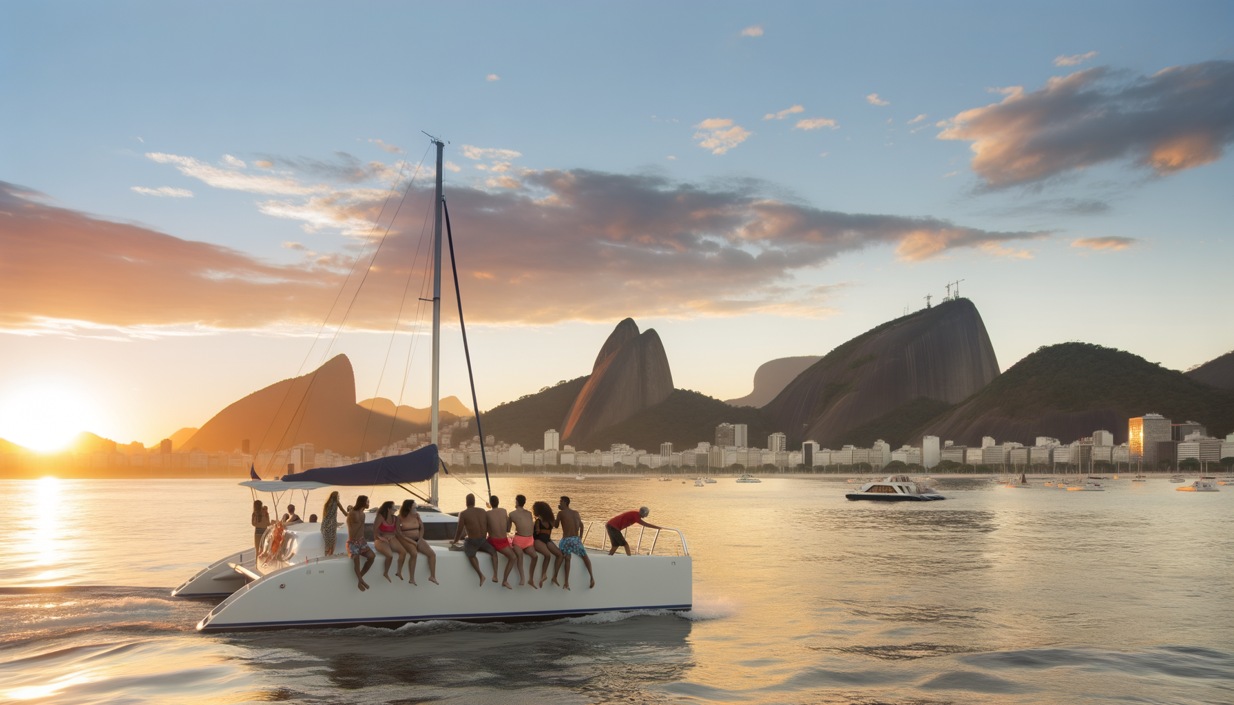Um grupo de amigos desfrutando de um passeio de catamarã ao pôr do sol em Guanabara Bay, com o Pão de Açúcar ao fundo.